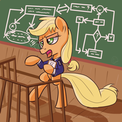 Size: 1024x1024 | Tagged: safe, artist:chaosmalefic, character:applejack, species:pony, bipedal, clothing, fancy mathematics, female, flowchart, lecture, math, open mouth, solo