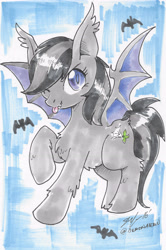 Size: 3122x4689 | Tagged: safe, artist:slifertheskydragon, oc, oc only, oc:daturea eventide, species:bat, species:bat pony, species:pony, chest fluff, solo, tongue out, traditional art