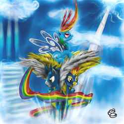 Size: 1024x1024 | Tagged: dead source, safe, artist:miradge, character:rainbow dash, character:soarin', character:spitfire, species:pegasus, species:pony, g4, butterfly wings, cloudsdale, female, male, mare, stallion, wings, wonderbolts