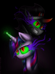 Size: 2000x2682 | Tagged: safe, artist:moonlightfl, character:king sombra, character:twilight sparkle, bust, corrupted, dark magic, duo, magic, series finale, sombra eyes, twilight is anakin