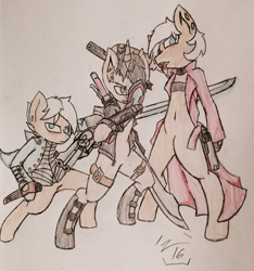 Size: 1280x1370 | Tagged: safe, artist:glassmenagerie, oc, oc only, oc:cella, oc:gestalt, species:earth pony, species:pony, species:unicorn, blue rose (gun), clothing, cosplay, costume, dante (devil may cry), devil bringer, devil may cry, devil may cry 3, devil may cry 4, ear piercing, ebony (devil may cry), gun, ivory (devil may cry), katana, nero (devil may cry), piercing, red queen, sword, tongue out, tongue piercing, trenchcoat, vergil (devil may cry), weapon, yamato (devil may cry)