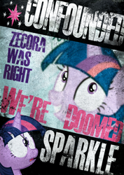 Size: 2480x3508 | Tagged: safe, artist:skeptic-mousey, character:twilight sparkle, derp, panic, poster, typography