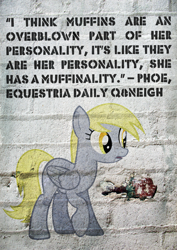 Size: 2480x3508 | Tagged: safe, artist:skeptic-mousey, character:derpy hooves, oc, oc:phoe, species:pegasus, species:pony, female, food, graffiti, mare, muffin, poster