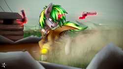 Size: 1920x1080 | Tagged: safe, artist:starfall-spark, oc, oc only, fallout equestria, angry, clothing, gun, gunfire, magic, pipbuck, running, telekinesis, wasteland, weapon
