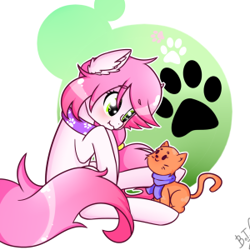 Size: 300x300 | Tagged: safe, artist:ten-dril, oc, oc only, oc:tendril, species:earth pony, species:pony, cat, clothing, collar, deviantart id, digital art, ear fluff, female, green eyes, pigtails, scarf, sitting, solo