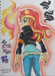 Size: 1161x1607 | Tagged: safe, artist:emichaca, character:sunset shimmer, my little pony:equestria girls, ass, bunset shimmer, clothing, female, looking back, pants, solo, traditional art