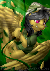 Size: 2893x4092 | Tagged: safe, artist:pillonchou, character:daring do, absurd resolution, clothing, crepuscular rays, female, hat, solo, swinging, vine