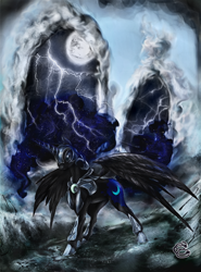 Size: 800x1080 | Tagged: safe, artist:miradge, character:nightmare moon, character:princess luna, species:alicorn, species:pony, g4, female, lightning, magic, mare, moon, photoshop, solo
