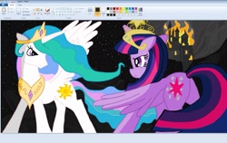 Size: 1445x913 | Tagged: safe, artist:sallycars, character:princess celestia, character:twilight sparkle, character:twilight sparkle (alicorn), species:alicorn, species:pony, an eternity in paint, big crown thingy, canterlot, fight, fire, jewelry, legitimately amazing mspaint, ms paint, regalia, twilight is anakin