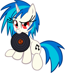 Size: 4000x4452 | Tagged: safe, artist:leadhooves, artist:shelmo69, character:dj pon-3, character:vinyl scratch, species:pony, species:unicorn, cutie mark, female, hooves, horn, mare, mouth hold, record, simple background, sitting, solo, text, transparent background, vector, wrong eye color
