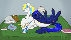 Size: 3256x1833 | Tagged: safe, artist:heartscharm, oc, oc only, oc:cirrus sky, oc:neutrino burst, species:hippogriff, bed, book, cute, reading, relaxing, studying