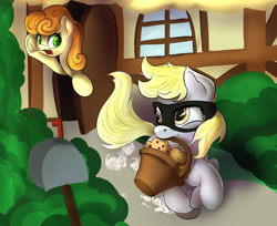 Size: 1444x1180 | Tagged: safe, artist:klemm, character:carrot top, character:derpy hooves, character:golden harvest, species:pegasus, species:pony, newbie artist training grounds, female, food, mare, mask, muffin, running, thief