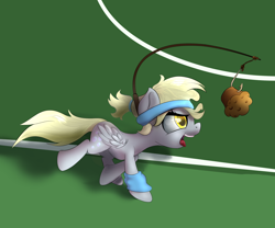 Size: 1200x1000 | Tagged: safe, artist:klemm, character:derpy hooves, species:pegasus, species:pony, newbie artist training grounds, carrot on a stick, female, fishing rod, food, hoofband, mare, muffin, running, sweatband, training