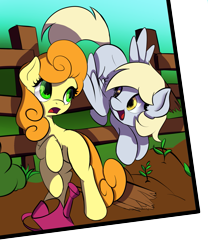 Size: 1041x1250 | Tagged: safe, artist:klemm, character:carrot top, character:derpy hooves, character:golden harvest, species:pegasus, species:pony, newbie artist training grounds, female, fence, mare