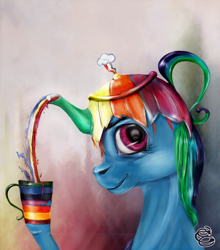 Size: 1100x1250 | Tagged: safe, artist:miradge, character:rainbow dash, species:pony, g4, abstract background, female, mare, not salmon, solo, surreal, tea, teapot, wat, weird