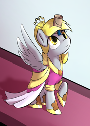 Size: 900x1250 | Tagged: safe, artist:klemm, character:derpy hooves, species:pegasus, species:pony, newbie artist training grounds, alicorn costume, clothing, costume, cute, derpabetes, dress, duct tape, fake horn, female, food, looking up, mare, muffin, nightmare night costume, princess derpy, raised hoof, smiling, solo, toilet paper roll, toilet paper roll horn, twilight muffins, wig