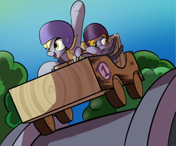 Size: 1200x1000 | Tagged: safe, artist:klemm, character:crackle pop, character:derpy hooves, species:pegasus, species:pony, newbie artist training grounds, episode:the cart before the ponies, g4, my little pony: friendship is magic, car, cart, duo, female, helmet, mare, riding