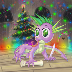 Size: 1280x1280 | Tagged: safe, artist:alexmakovsky, character:spike, alternate design, christmas lights, christmas tree, forked tongue, quill, scroll, tongue out, tree