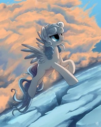 Size: 815x1030 | Tagged: dead source, safe, artist:ruhje, oc, oc only, species:pegasus, species:pony, cloud, colored wings, female, flying, gradient wings, ice, mare, signature, sky, solo, spread wings, trail, wings