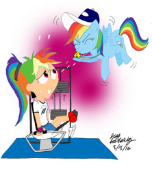 Size: 842x948 | Tagged: safe, artist:newportmuse, character:rainbow dash, my little pony:equestria girls, blowing, blowing whistle, coach, gym, human ponidox, ponidox, puffy cheeks, rainblow dash, rainbow dashs coaching whistle, spitting, training, weight lifting, whistle, whistle necklace, worlds collide