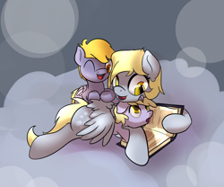 Size: 1080x900 | Tagged: safe, artist:klemm, character:crackle pop, character:derpy hooves, character:dinky hooves, species:pegasus, species:pony, newbie artist training grounds, book, equestria's best mother, female, mare, mother and daughter, reading, siblings
