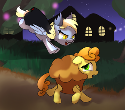 Size: 1000x880 | Tagged: safe, artist:klemm, character:carrot top, character:derpy hooves, character:golden harvest, species:pegasus, species:pony, newbie artist training grounds, clothing, costume, female, food, food costume, mare, muffin, nightmare night, nightmare night costume, vampire