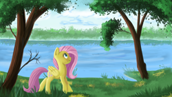 Size: 1280x720 | Tagged: safe, artist:ailynd, character:fluttershy, female, folded wings, lake, looking away, scenery, solo, tree, walking