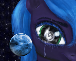 Size: 1122x900 | Tagged: dead source, safe, artist:miradge, character:princess luna, species:alicorn, species:pony, g4, crying, female, mare, moon, photoshop, planet, pony bigger than a planet, s1 luna, sad, solo