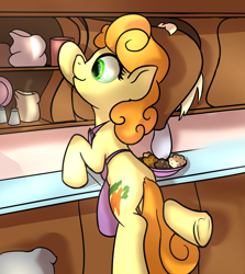 Size: 1000x1120 | Tagged: safe, artist:klemm, character:carrot top, character:derpy hooves, character:golden harvest, species:pegasus, species:pony, newbie artist training grounds, apron, clothing, female, food, kitchen, mare, muffin, stealing