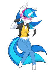 Size: 4961x7017 | Tagged: safe, artist:demonfox, character:dj pon-3, character:vinyl scratch, species:anthro, species:pony, species:unguligrade anthro, species:unicorn, abs, absurd resolution, clothing, female, fingerless gloves, gloves, headphones, midriff, pants, solo, sunglasses, visor