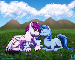 Size: 1024x819 | Tagged: safe, artist:shrineheart, oc, oc only, oc:fishie wishes, oc:reverb skyriff, species:pegasus, species:pony, species:unicorn, couple, cute, family, female, filly, foal