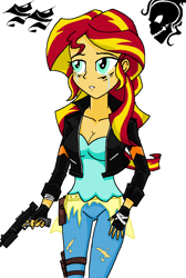 Size: 828x1233 | Tagged: safe, artist:emichaca, character:sunset shimmer, my little pony:equestria girls, breasts, busty sunset shimmer, cleavage, clothing, crying, female, fingerless gloves, gloves, gun, torn clothes, weapon, zombie apocalypse