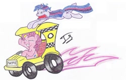 Size: 762x489 | Tagged: safe, artist:thestipplebrony, character:pinkie pie, character:twilight sparkle, car, crazy taxi, taxi, traditional art