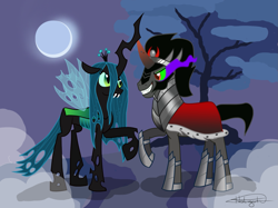 Size: 1575x1181 | Tagged: safe, artist:aurumluxetal, character:king sombra, character:queen chrysalis, ship:chrysombra, male, raised hoof, shipping, straight