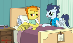 Size: 3547x2086 | Tagged: safe, artist:aurumluxetal, character:soarin', character:spitfire, species:pony, ship:soarinfire, :|, bed, blushing, clothing, embarrassed, hospital, male, open mouth, shipping, shirt, sitting, smiling, spread wings, straight, sunglasses, wings, wonderbolts, wonderbolts dress uniform