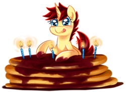 Size: 860x625 | Tagged: safe, artist:bloodorangepancakes, oc, oc only, oc:ruby pancakes, birthday candles, candle, food, pancakes, solo