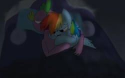 Size: 800x500 | Tagged: safe, artist:steadfast hoof, character:rainbow dash, character:spike, ship:rainbowspike, bed, blanket, couple, cuddling, daily doodle spikedash prompt, female, male, relationship problems, shipping, sleeping, straight