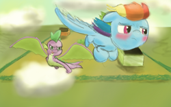 Size: 1280x800 | Tagged: safe, artist:steadfast hoof, character:rainbow dash, character:spike, ship:rainbowspike, daily doodle spikedash prompt, male, racing, shipping, straight, winged spike