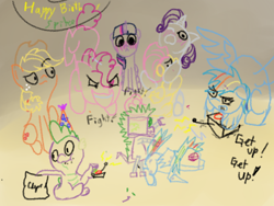 Size: 800x600 | Tagged: safe, artist:steadfast hoof, character:rainbow dash, character:spike, ship:rainbowspike, birthday party, daily doodle spikedash prompt, games, male, oops, party, robot, shipping, straight