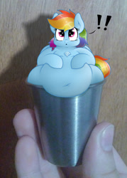 Size: 1223x1709 | Tagged: safe, artist:dullpoint, character:rainbow dash, species:pony, belly button, chest fluff, chubby, cup, cup of pony, exclamation point, fat, hand, irl, large belly, micro, obese, photo, ponies in real life, rainblob dash, tiny ponies