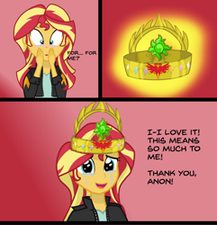 Size: 1748x1816 | Tagged: safe, artist:zharkaer, character:sunset shimmer, species:human, my little pony:equestria girls, blushing, comic, crown, crying, female, gradient background, implied anon, jewelry, regalia, solo, sunset shimmer day, tears of joy