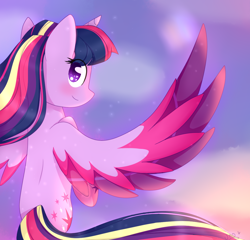 Size: 1000x960 | Tagged: safe, artist:ultrard, character:twilight sparkle, character:twilight sparkle (alicorn), species:alicorn, species:pony, cloud, colored pupils, cute, female, flying, heart eyes, looking at you, rainbow power, sky, solo, spread wings, twiabetes, wingding eyes, wings