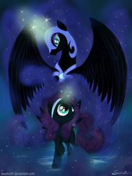 Size: 1200x1600 | Tagged: safe, artist:sweeterwho, character:nightmare moon, character:princess luna, oc, oc:nyx, species:alicorn, species:pony, fanfic:past sins, alicorn oc, dark, ethereal mane, fanfic art, female, filly, foal, galaxy mane, glowing horn, horn, magic, mare, night, nightmare nyx, slit pupils, two sides