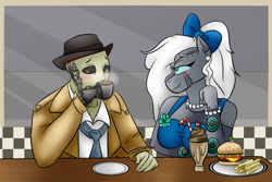 Size: 1080x720 | Tagged: safe, artist:deltafairy, oc, oc only, oc:beta beats, species:anthro, anthro oc, canon x oc, commission, date, date night, digital art, diner, dinner, fallout, fallout 4, female, finished commission, food, male, nick valentine, original species, robot, robot pony, shipping