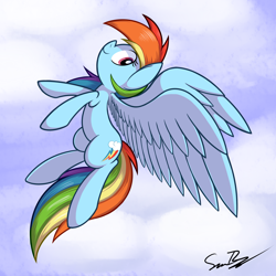 Size: 2700x2700 | Tagged: safe, artist:sheandog, character:rainbow dash, species:pony, backwards cutie mark, cloud, female, flying, looking back, sky, smiling, solo, spread wings, wings
