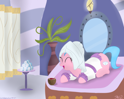 Size: 2500x2000 | Tagged: safe, artist:mikoruthehedgehog, character:aloe, species:earth pony, species:pony, bathrobe, clothing, coconut, eyes closed, female, food, high res, mare, prone, robe, solo, spa, towel