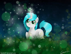 Size: 1600x1200 | Tagged: safe, artist:sweeterwho, oc, oc only, oc:sweetie, species:pony, species:unicorn, bokeh, chest fluff, female, grass, magic, mare, night, prone, smiling, solo, sparkles