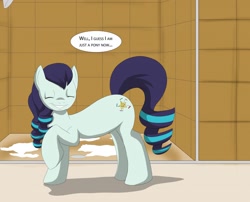 Size: 1280x1034 | Tagged: safe, artist:tfsubmissions, character:coloratura, species:earth pony, species:pony, my little pony:equestria girls, dialogue, equestria girls-ified, eyes closed, happy, human to pony, i am just a pony, shower, smiling, solo, suds, the magic inside, transformation, transformation sequence, transformed
