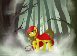Size: 3000x2200 | Tagged: safe, artist:sweeterwho, species:pony, species:wolf, fog, forest, little red riding hood, ponified, scared, tree