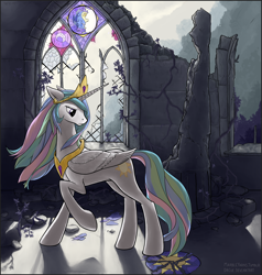 Size: 1644x1729 | Tagged: safe, artist:marbleyarns, character:princess celestia, species:alicorn, species:pony, castle of the royal pony sisters, female, looking back, mare, raised hoof, ruins, sad, solo